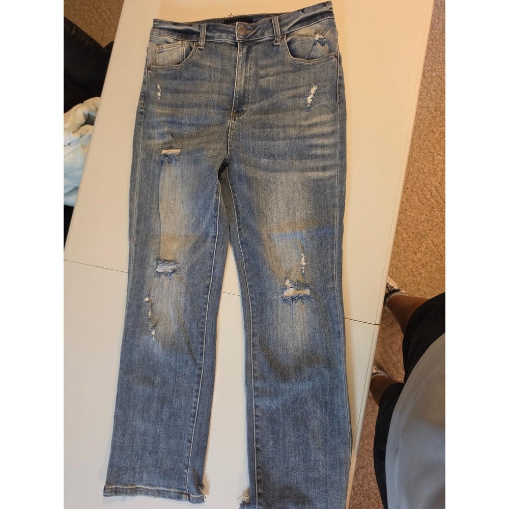 Risen Jeans High Waist Distressed Straight Leg Denim Blue Size 11 ST_RDP1268